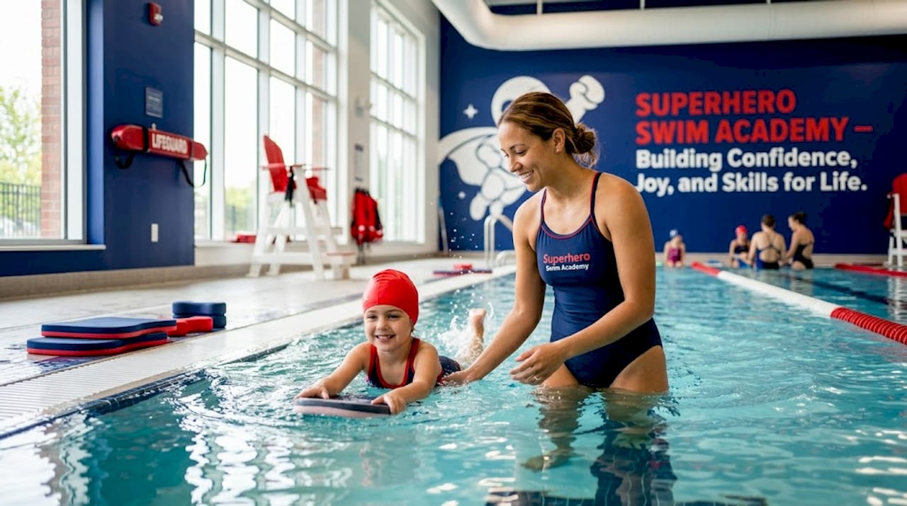 Instructor guiding child in private swim lesson