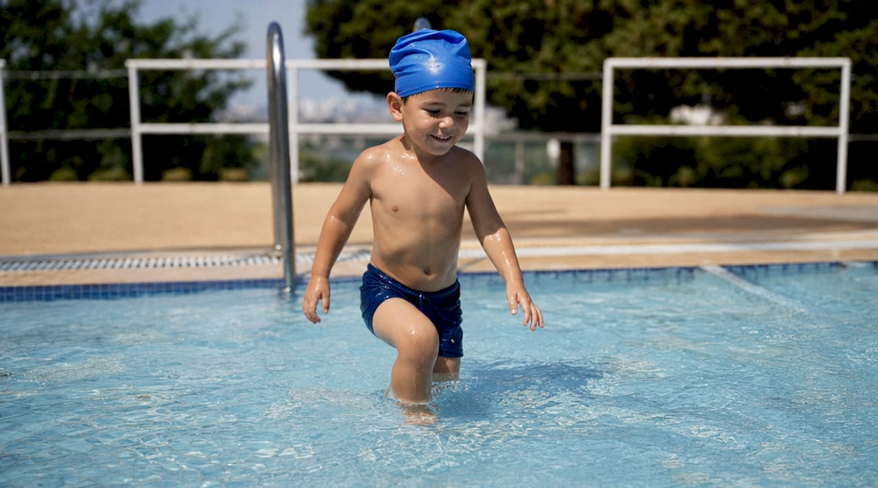 Child taking incremental swimming challenge step