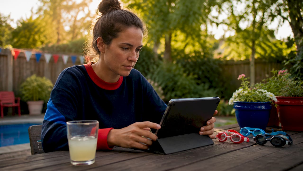 Mother reviewing swim progress on tablet at home