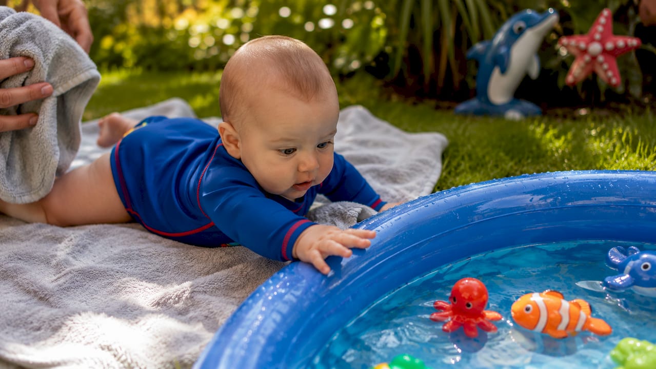 Infant reaching toward floating swim toys in pool