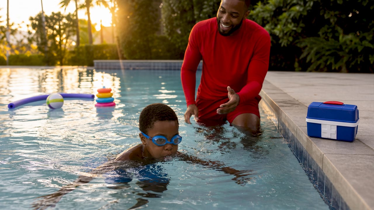 Child practicing breath control underwater with instructor