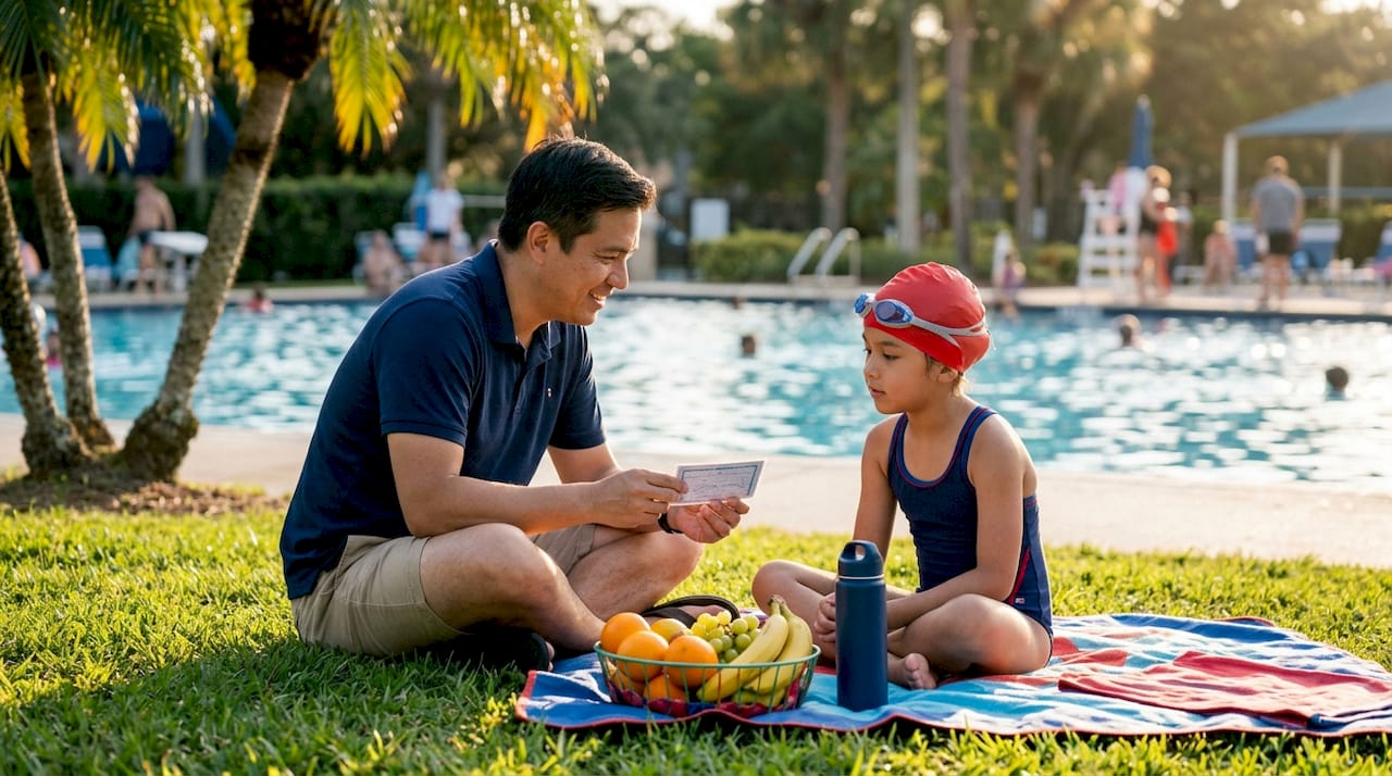 Parent and child discussing swim lesson goals poolside