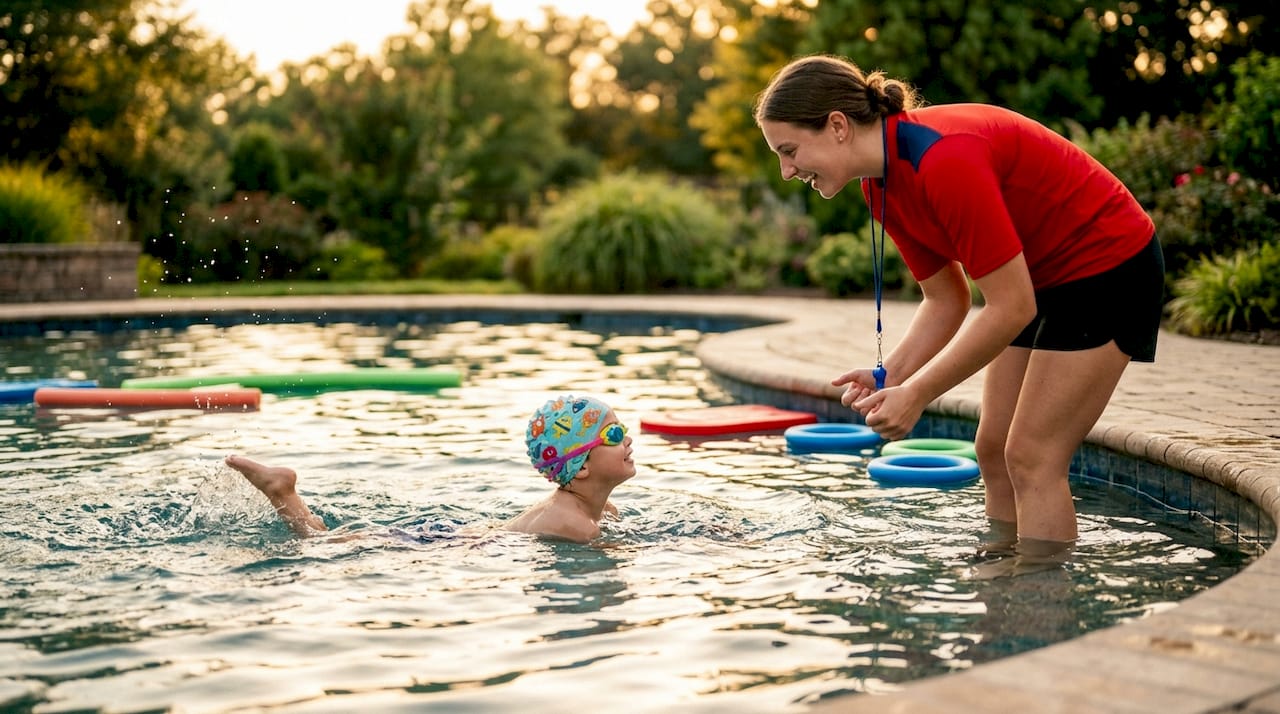 Young child taking swimming lesson in pool
