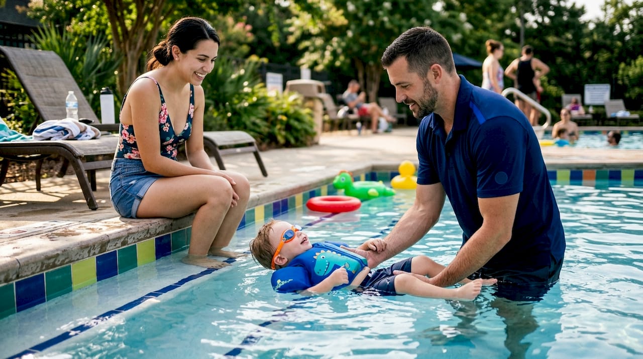 Mother watching toddler swim lesson attentively