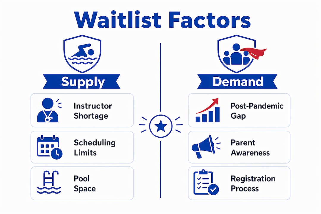 Infographic comparing supply and demand factors of swim lesson waitlists