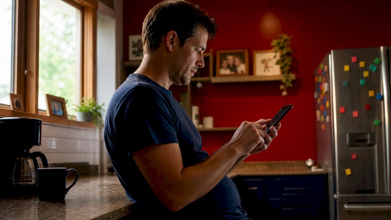 Father rescheduling swim lesson using smartphone near calendar