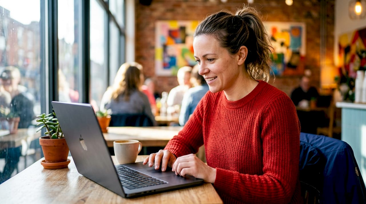Mother scheduling swim lessons on laptop at kitchen table