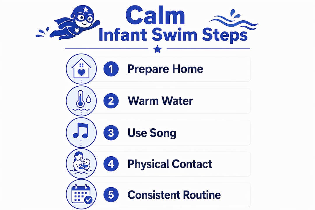 Infographic illustrating steps to keep infant calm during swim lessons