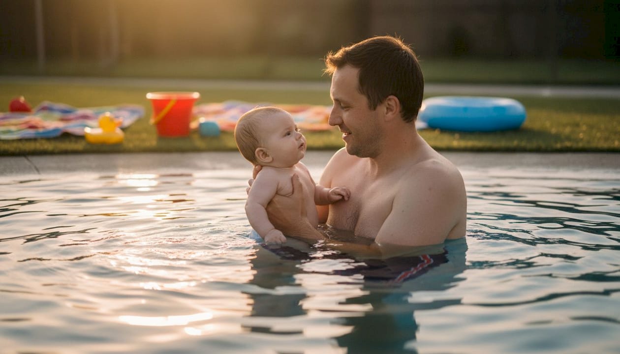 Father soothing infant during swim lesson