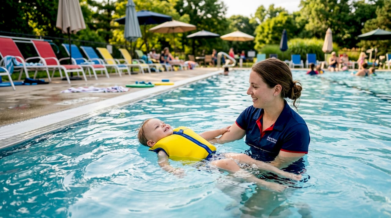 Toddler floating in pool with instructor support