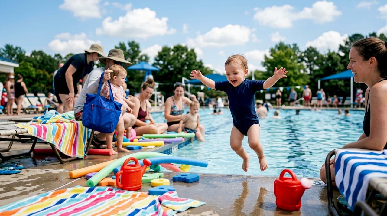 Outdoor pool with toddlers gaining water confidence