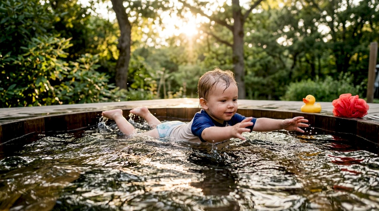 Toddler practicing flutter kicks in bathtub