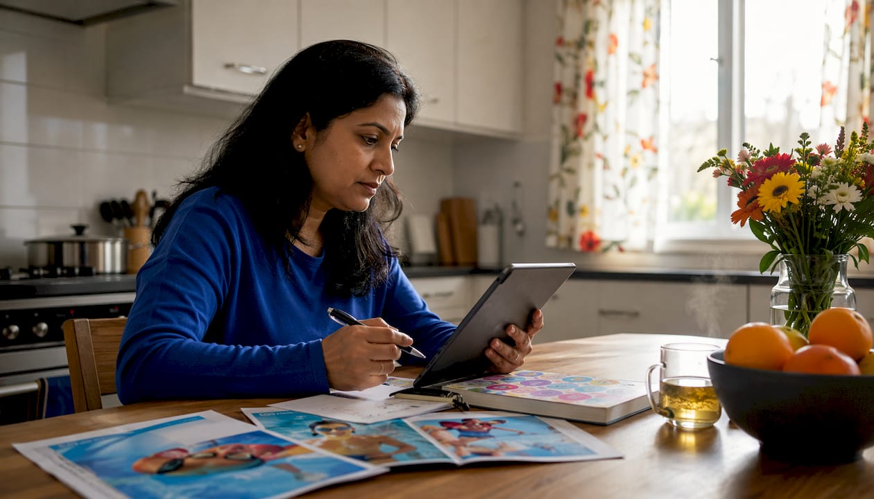 Parent reviewing swim lesson options at home