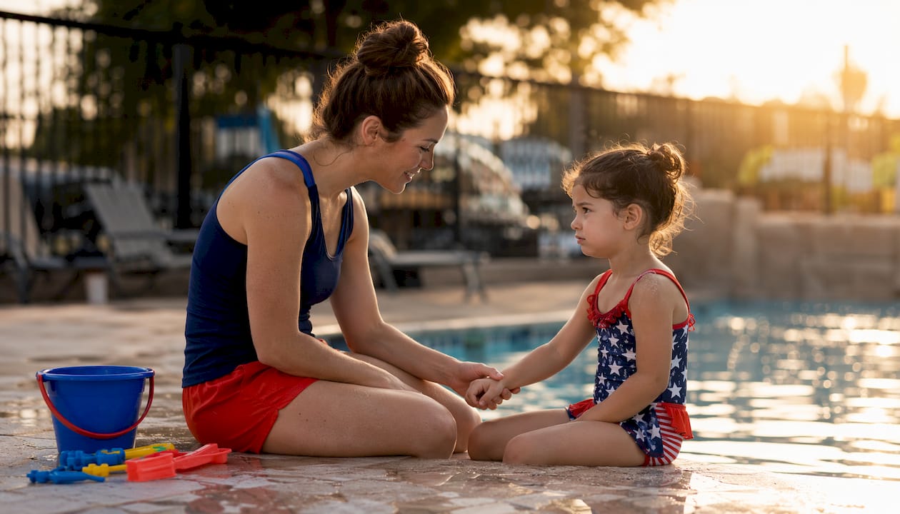 Swim instructor comforting hesitant child at pool