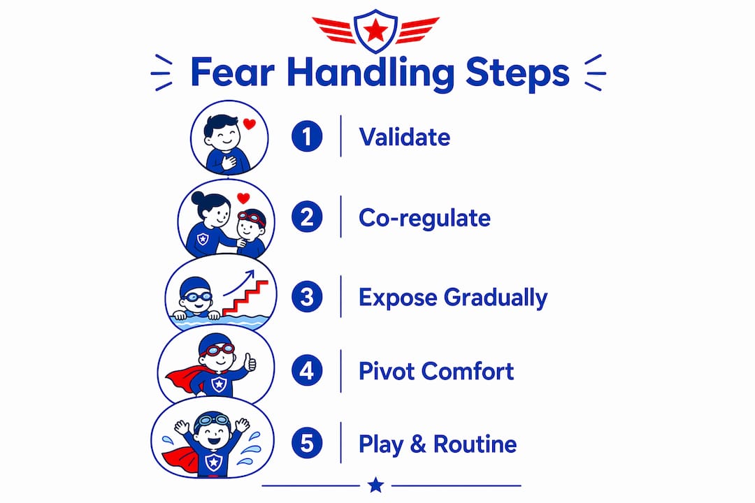 Infographic showing fear handling steps in swim lessons