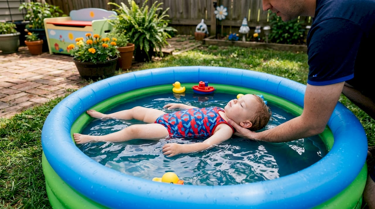 Toddler floating on back with parent support