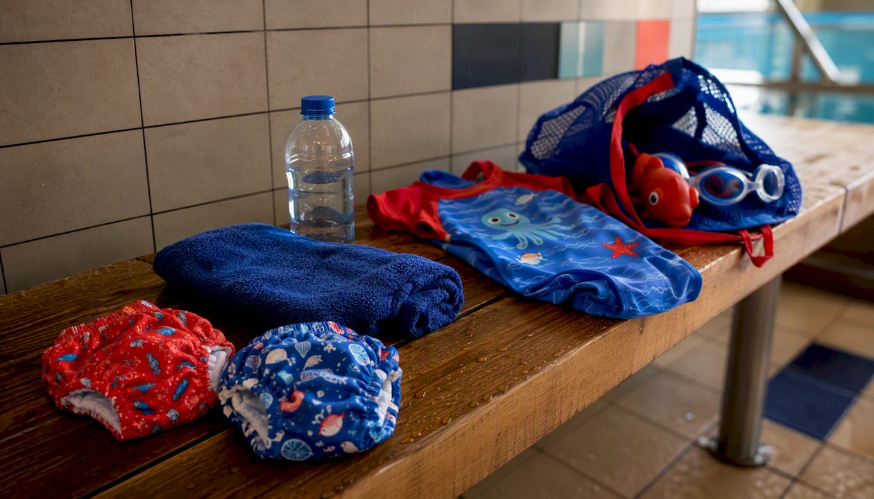 Baby swim lesson supplies on bench