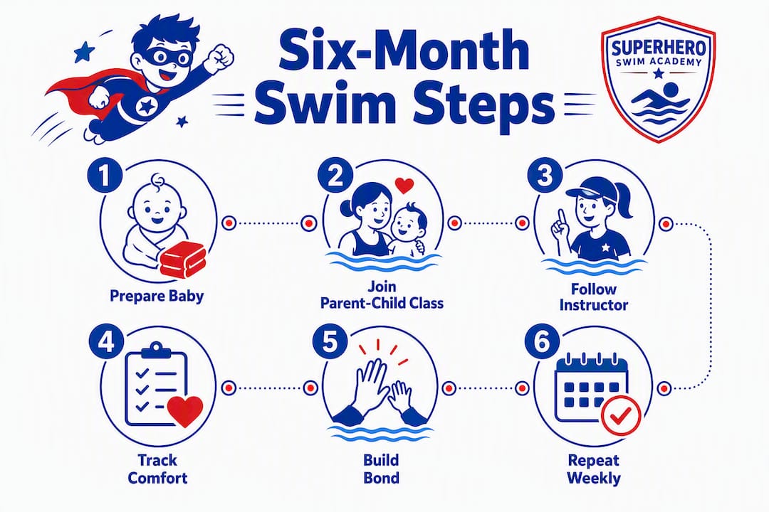 Infographic showing steps of 6-month swim lessons