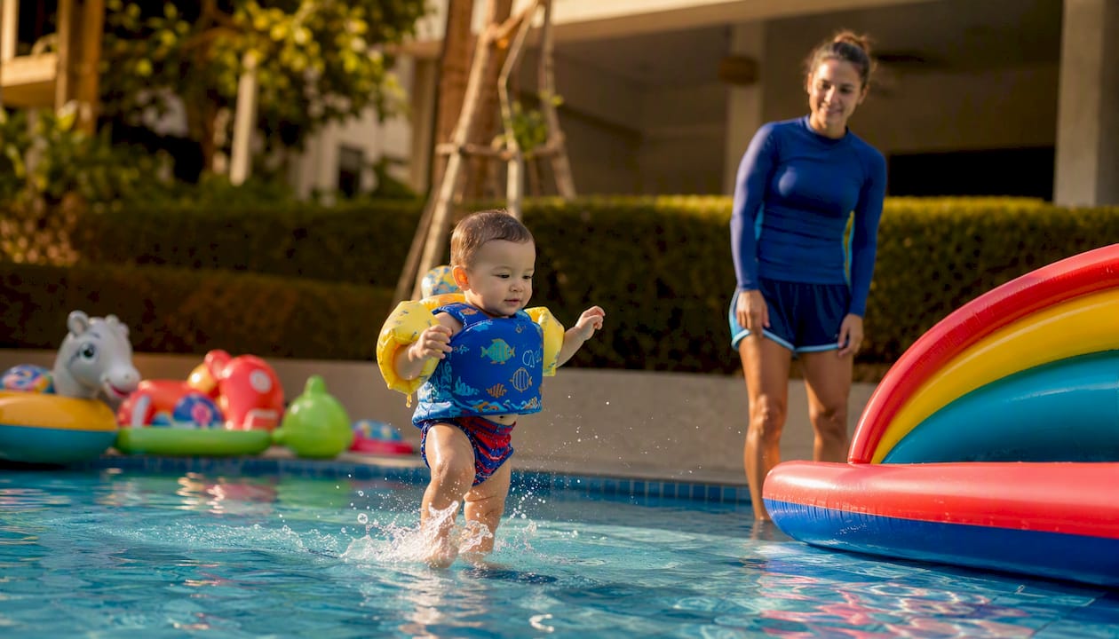 Infant independently swimming toward pool edge