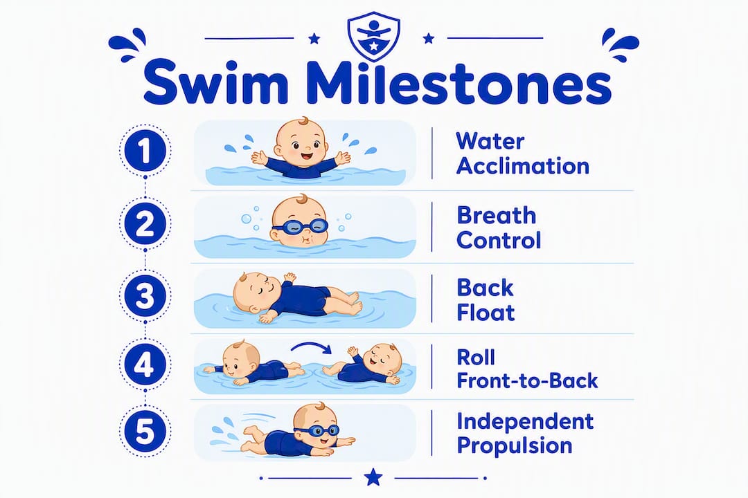 Infographic showing infant swim milestone progression