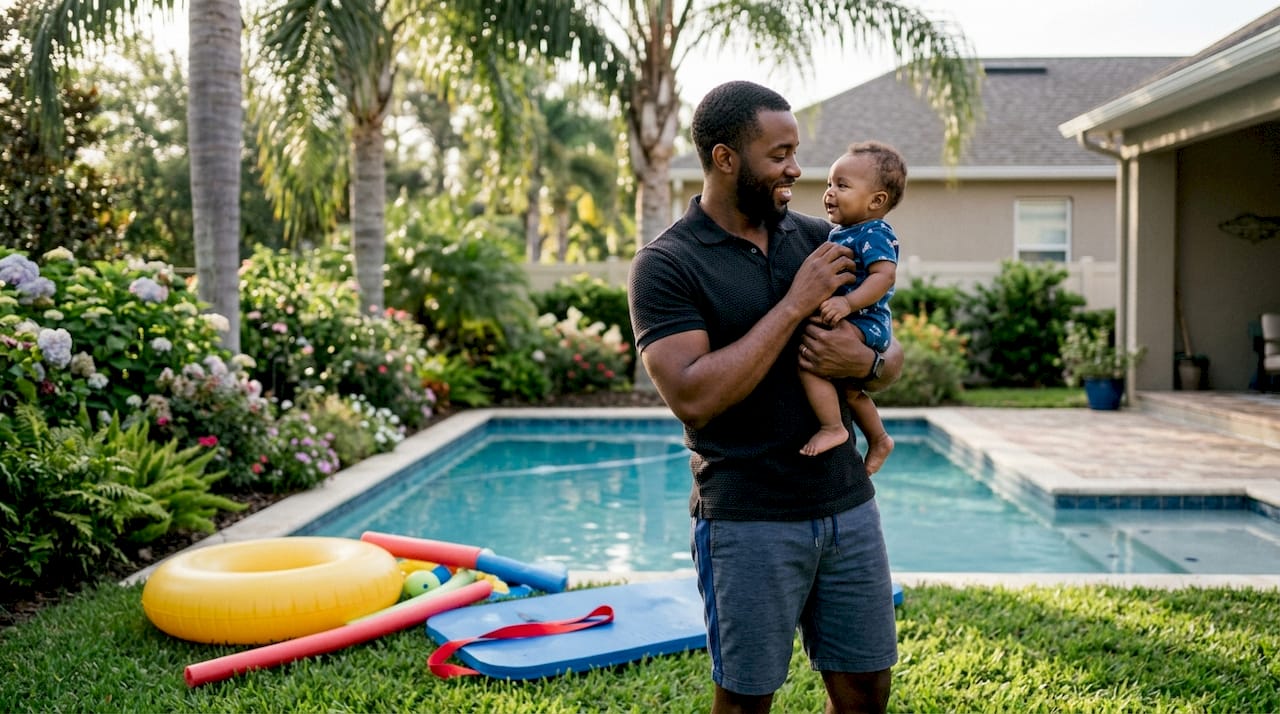 Parent attentively supervising infant at pool edge