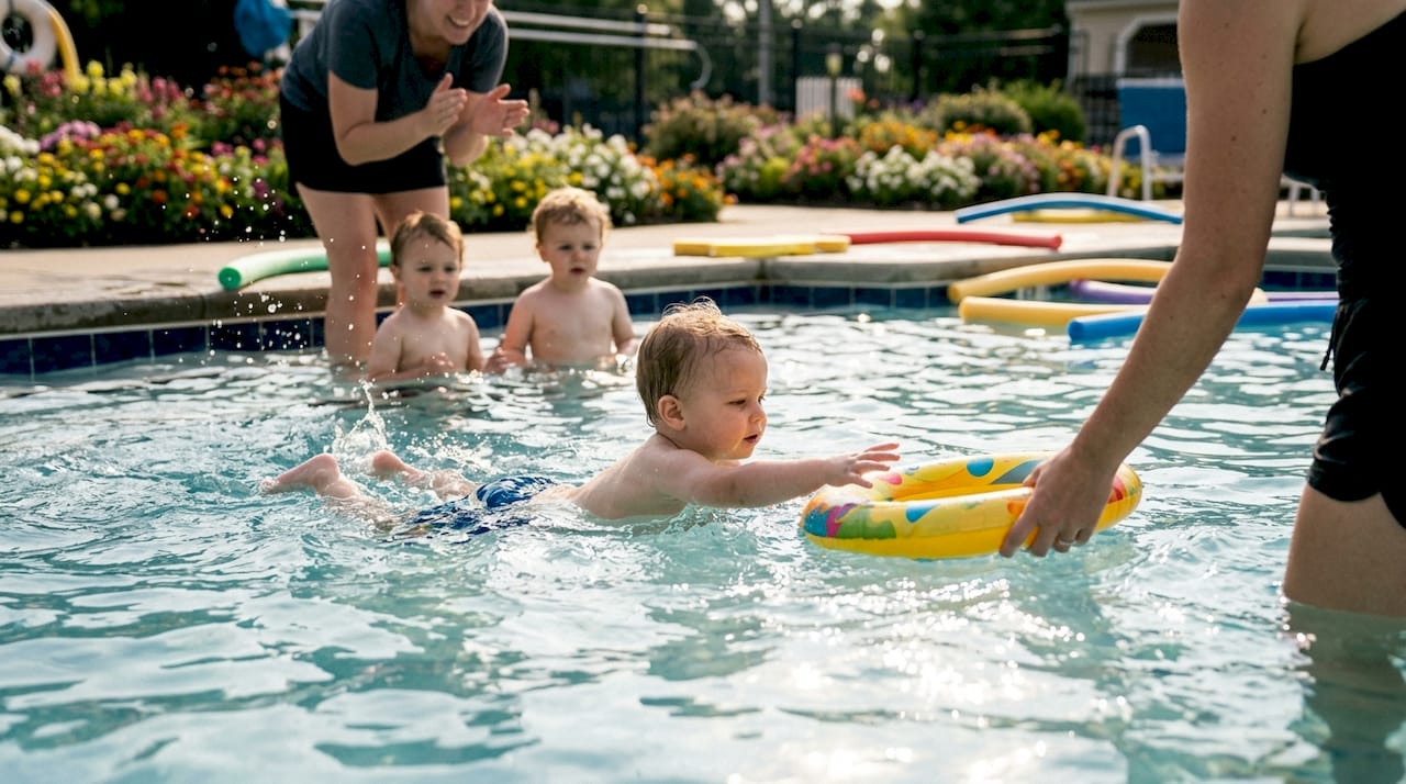 Toddler reaching for ring during swim lesson