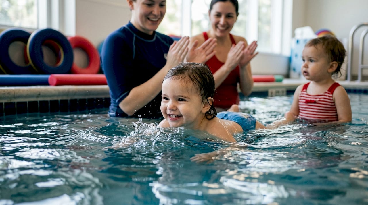 Toddler surfacing with encouragement in swim class