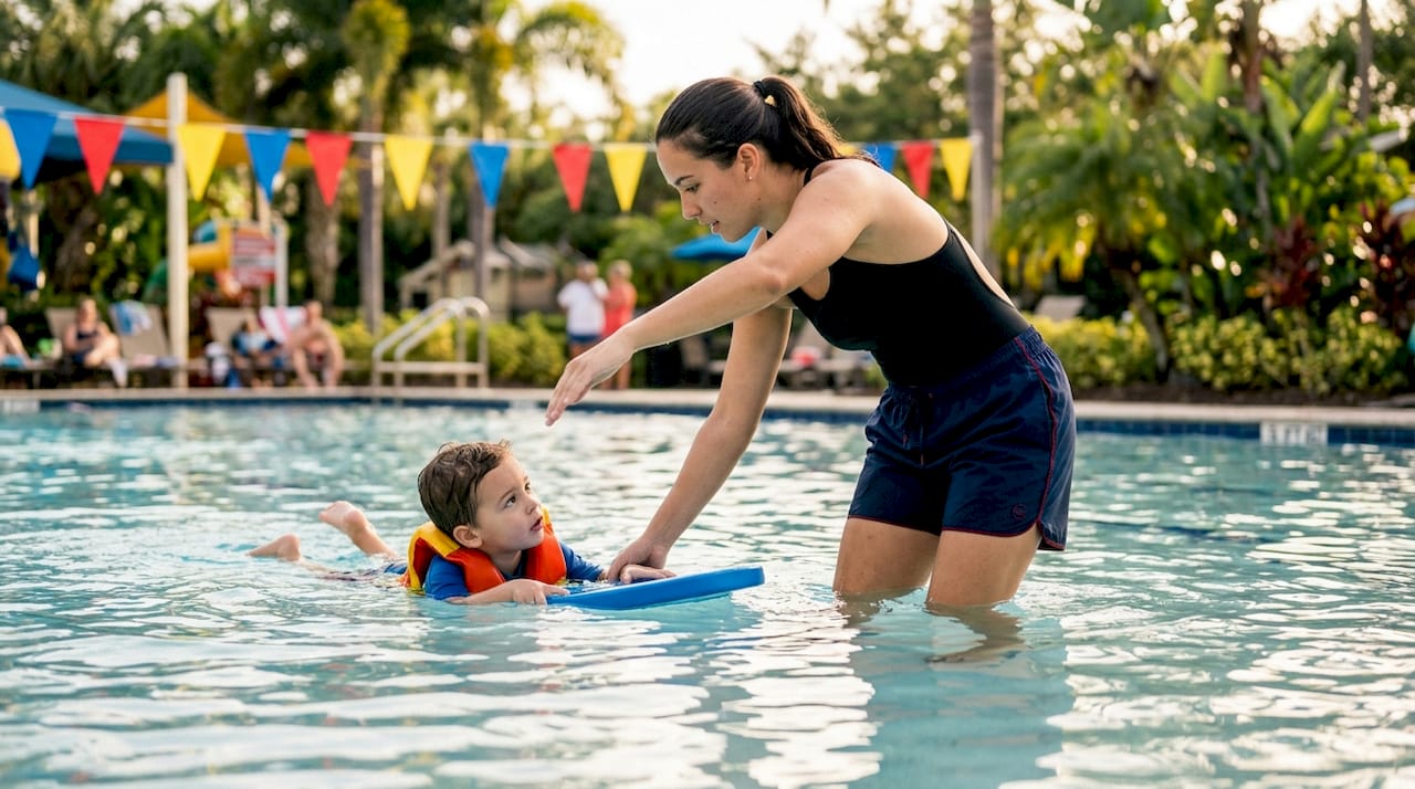 Instructor demonstrating swim technique correction