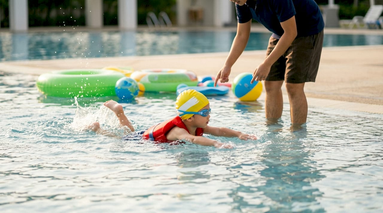 Toddler receiving one-on-one swim coaching in pool