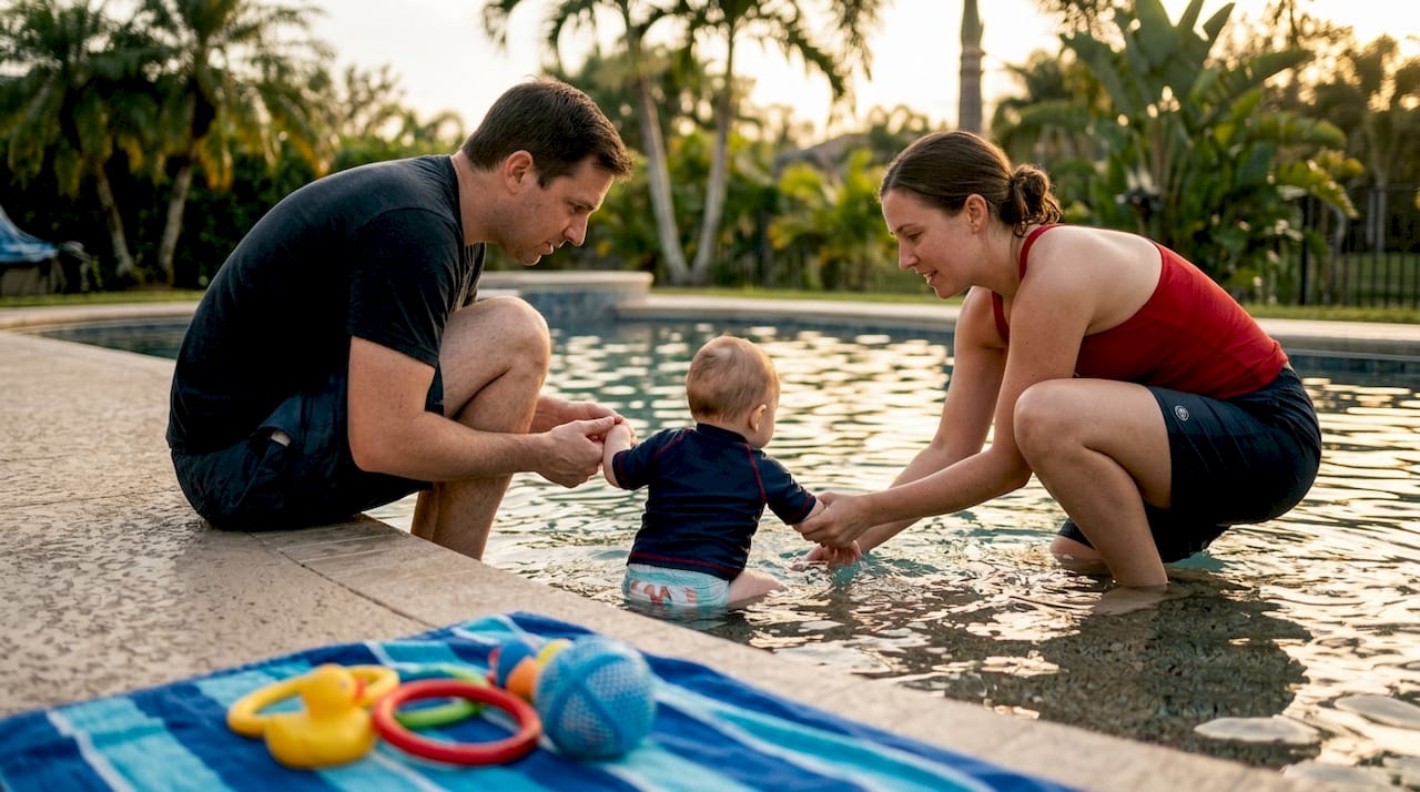 Parent holding infant's hand poolside during swim lesson