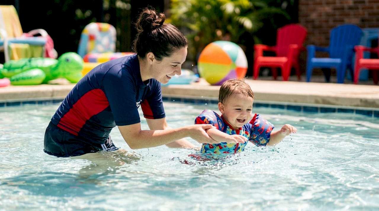Swim instructor guiding toddler in pool