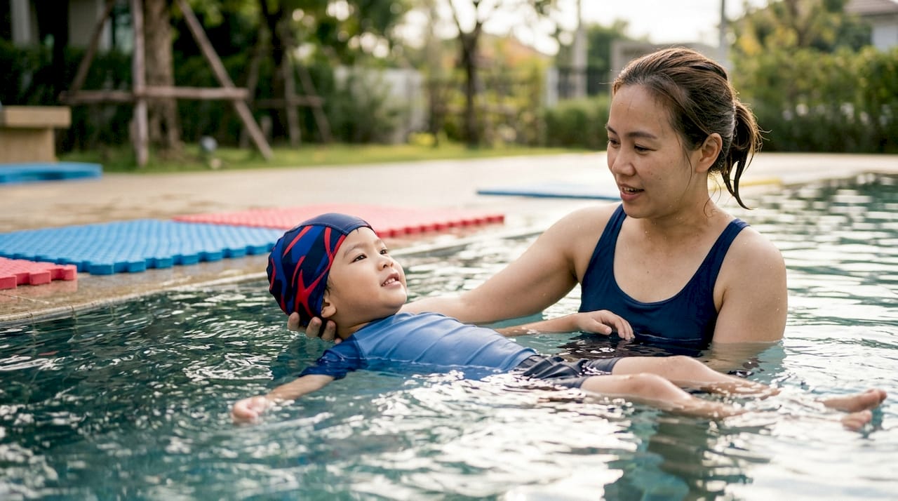 Child practicing rollover float in pool with parent