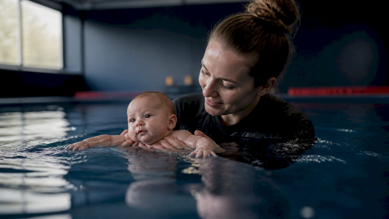 Instructor supporting infant mid-water flotation in pool