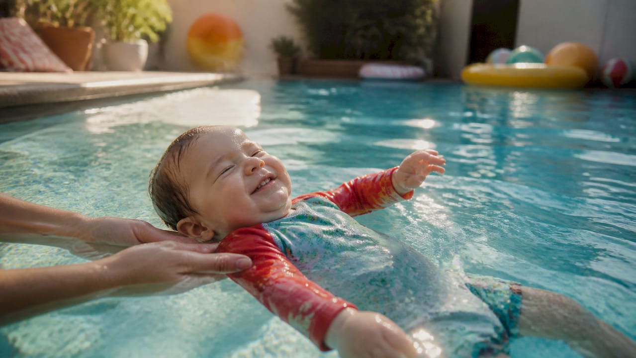 Infant practicing roll-to-back float with parent support