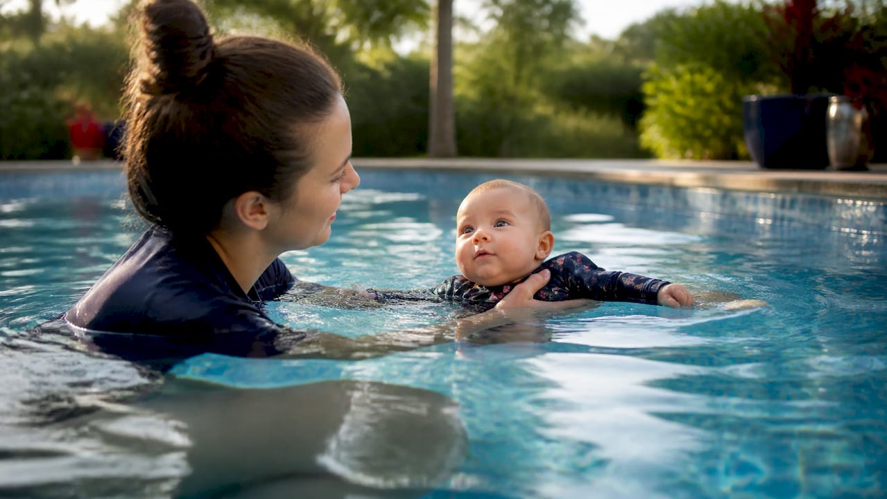 Instructor supporting infant in survival swim lesson