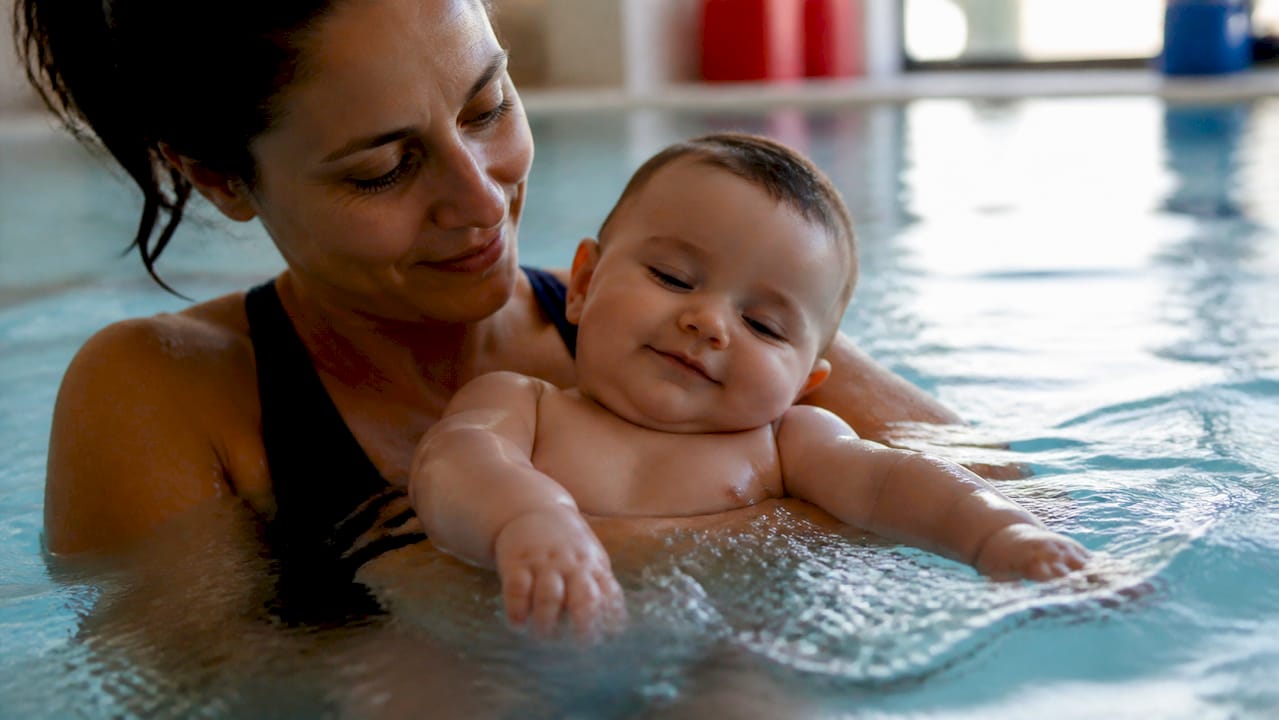 Caregiver gently holding baby in warm pool water