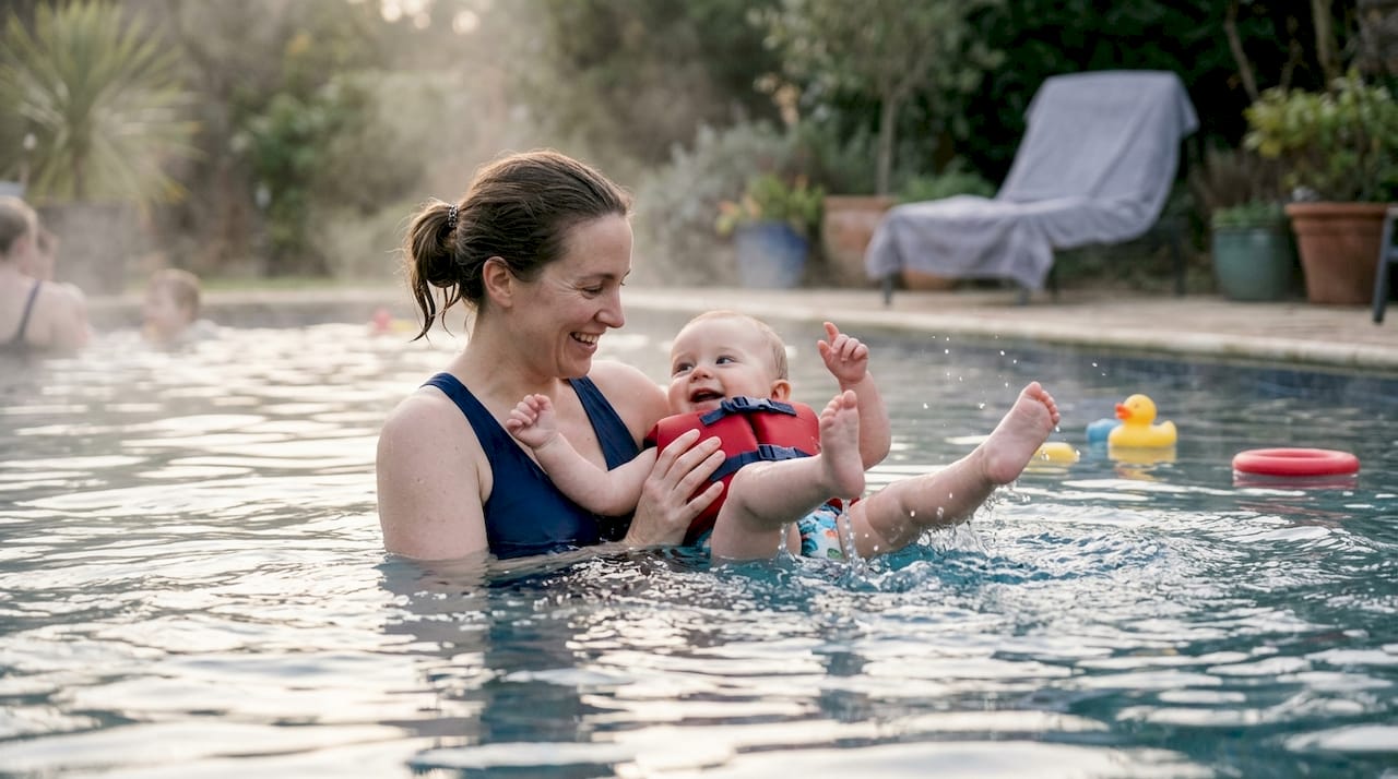 Parent supporting infant swimming in warm pool