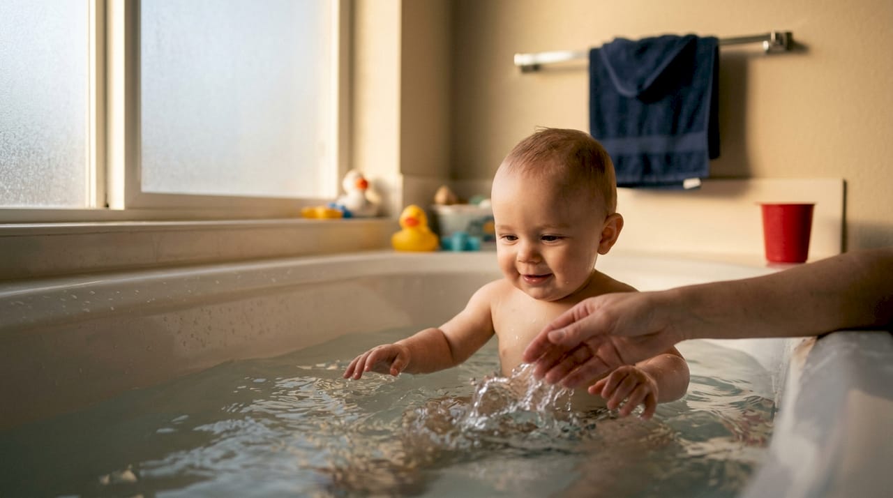Baby lying peacefully in warm bath splashing water