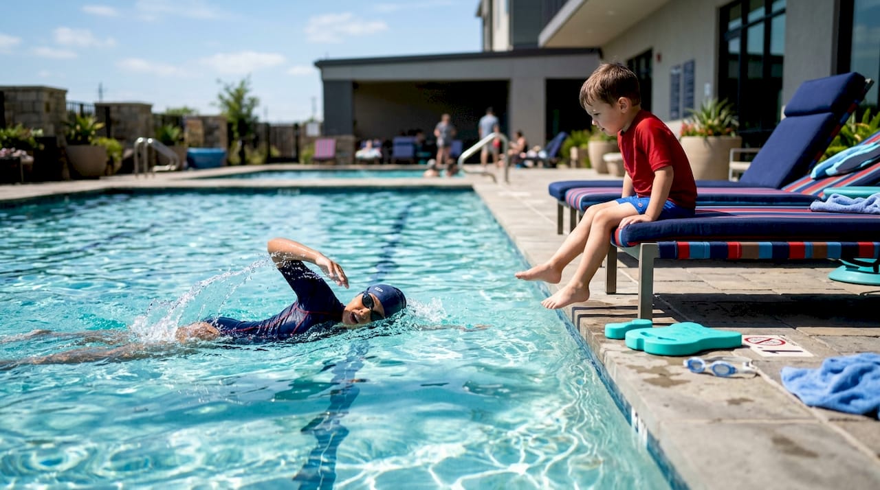 One sibling swimming as other watches at poolside