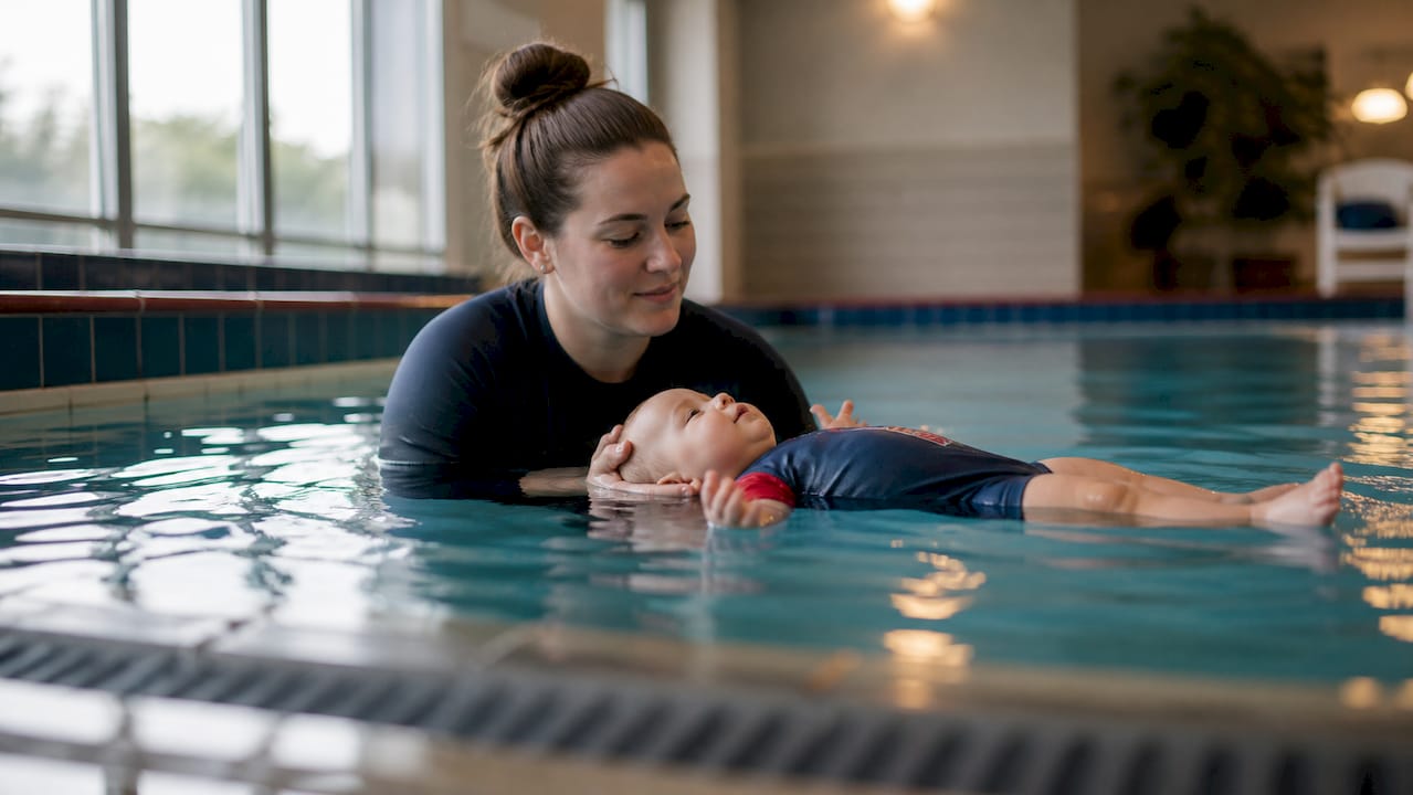 Swim instructor teaching infant survival skills in pool