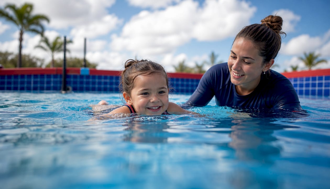 Toddler performing swim-float-swim sequence in pool
