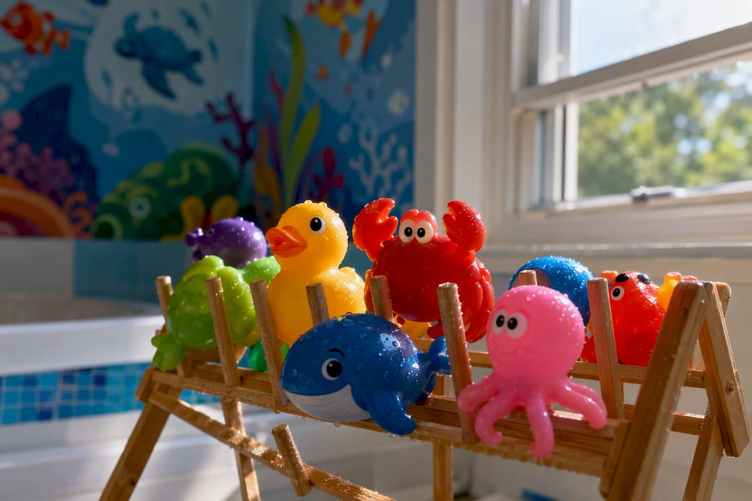Mold-free bath toys drying on rack