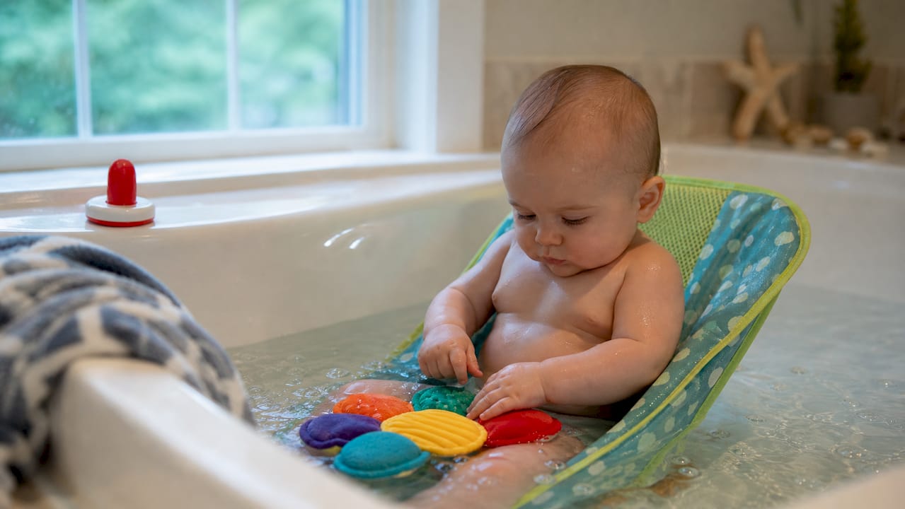 Infant playing with safe bath toy in warm water