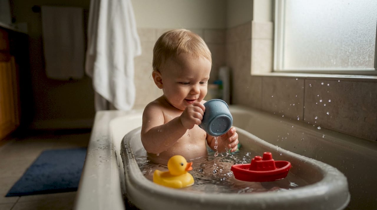 Baby playing with a few repeated bath toys