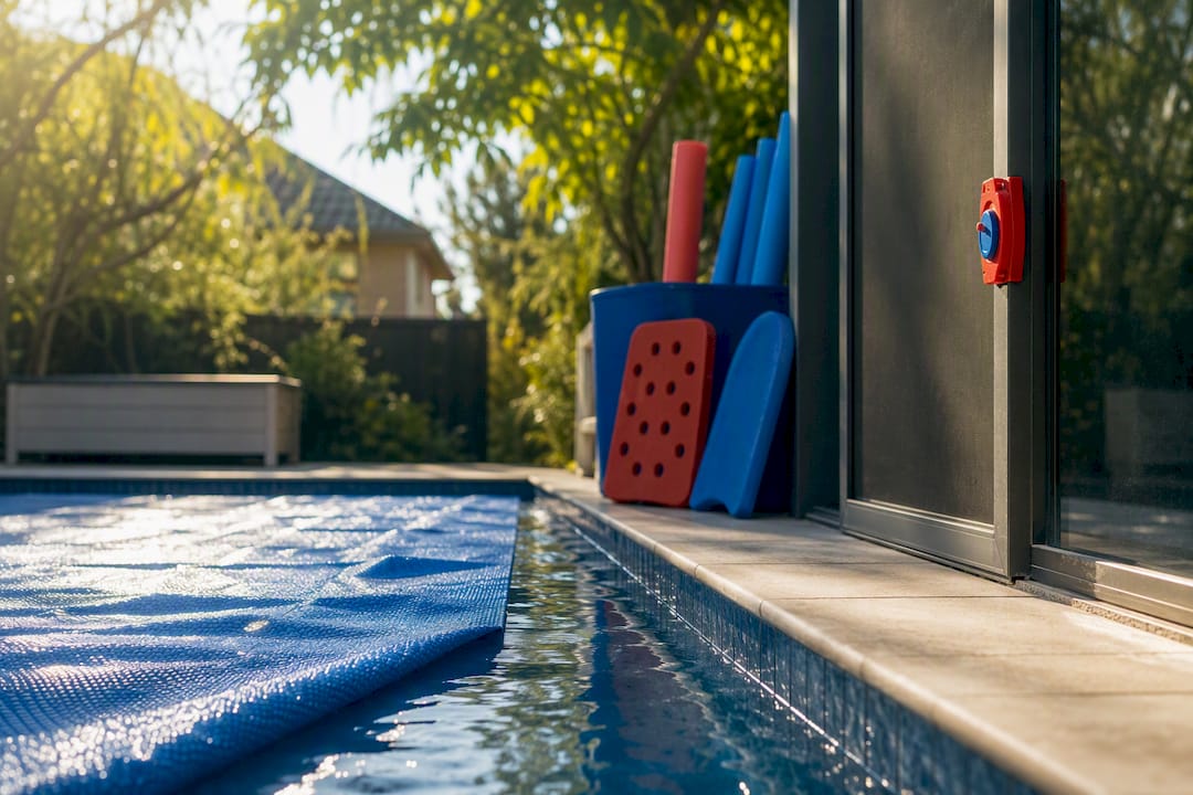 Pool cover with door alarm and clear deck