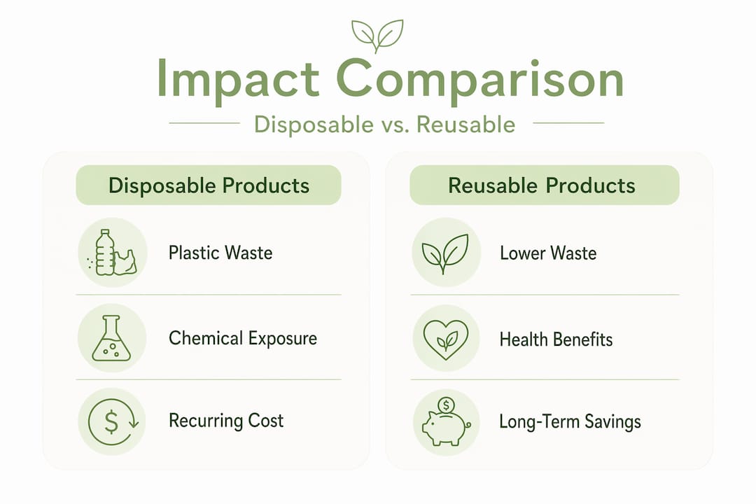 Infographic comparing disposable and reusable product impacts