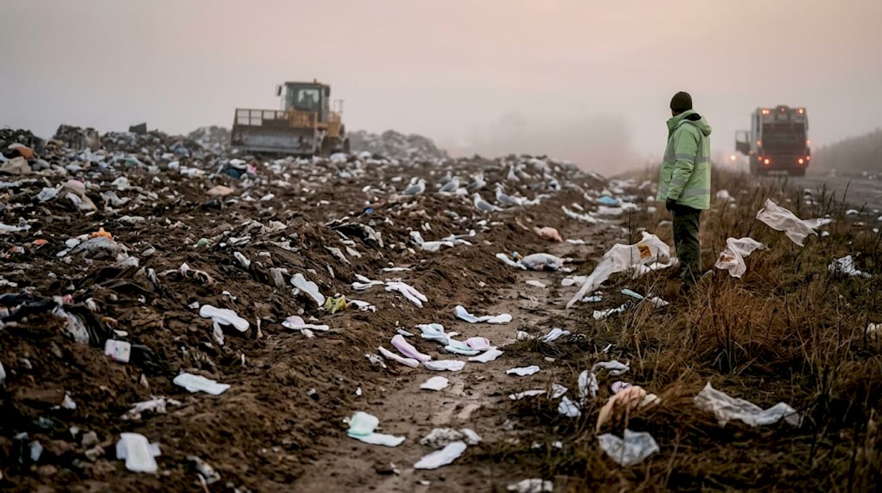 Landfill scene with disposable pads and plastic waste