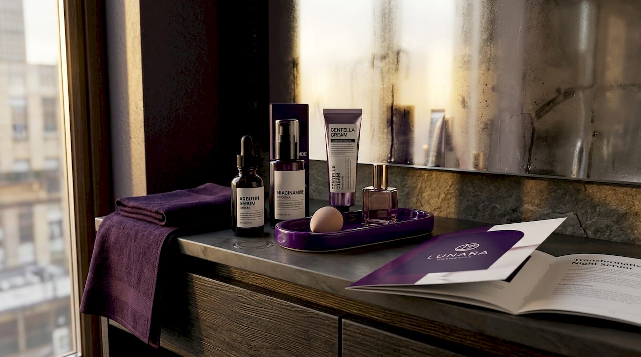 Shelf with Korean skincare products and arbutin serum