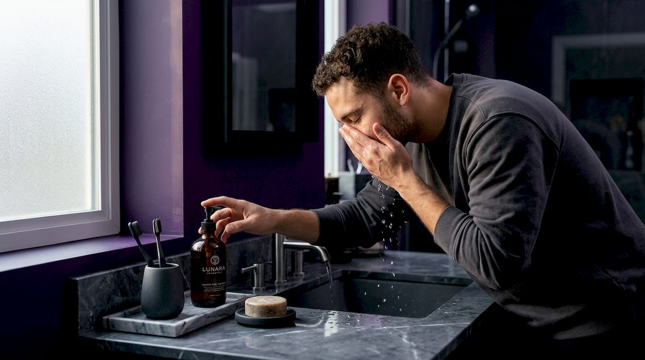 Man reaching for gentle cleanser bathroom routine