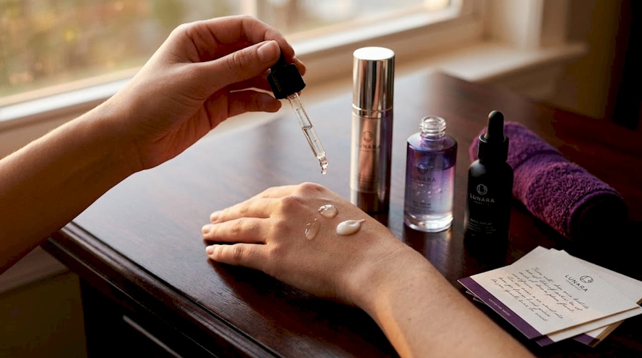 Hands layering multiple serums side-by-side
